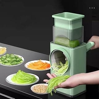 Rotating grater, slicer with handle, vegetable slicer 3 in 1 vegetable chopper for cheese, vegetables and nuts, 3 interchangeable blades