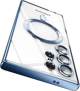 جراب لسامسونج Galaxy S22 Ultra يدعم MagSafe مع حماية لعدسة الكاميرا، شفاف مغناطيسي نحيف ومضاد للخدش (أزرق سييرا)