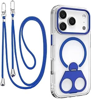 Nopatia Clear Case for iPhone 13 6.1 Inch, MagSafe Support Built-in Stand and Detachable Hanging Strap, Rugged Shockproof Protective Case with Kickstand and Carabiners, Fashion Design. (Blue)