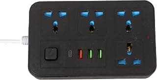 مشترك طاقة 2500 وات متعدد الوظائف، مخارج متعددة كهربائية، 3 منافذ USB ،منفذ TYPE-C للهواتف ، حماية من الحمل الزائد (أسود, 4 مخارج طاقة ، 3 منافذ USB مع منفذ TYPE-C)