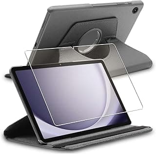 Case for Samsung Galaxy Tab A9+ (2023) SM-X210, 360 Rotating Case, PU Leather Protective Cover, Grey + Tempered Glass