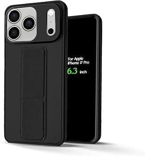 For Apple iPhone 17 Pro Silicone Back Case with Leather Handle Wrist Strap, Kickstand Back Feature Landscape and Portrait, Magnetic Holder Compatible with Apple iPhone 17 Pro (6.3") (Black)
