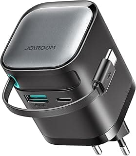 شاحن سريع JR-TCL02 بقدرة 65 واط مع كابل مدمج قابل للسحب من النوع سي، منافذ USB-A وUSB-C، محول يثبت بالحائط مدمج متعدد الأجهزة بي دي وكيو سي من جوي رووم، أسود