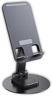 360° Rotating Metal & Plastic Desktop Stand for iPad & Phone, Height Adjustable Foldable Holder with Mechanical Click Base & Anti-Slip Silicone Protection (Black) (Pack of 1)