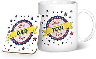 طقم هدايا مطبوع عليه Best Dad Ever - كوب وقاعدة أكواب سيراميك أبيض من بي دبليو برينت ليمتد