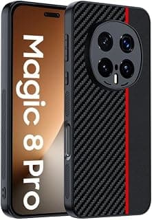 Compatible with Honor Magic8 Pro/Honor Magic 8 Pro – Premium Case Cover, Shockproof Carbon Fiber Texture with PU Leather and TPU Silicone, Scratch-Resistant (Black/Red Stripe)