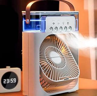 USB Powered Portable Mist Air Fan Humidifier, With Water Spray, Led Lights,3 Speeds & Timer (white) مرطب هواء محمول يعمل بمنفذ USB، مزود برذاذ ماء، وأضواء LED، و3 سرعات ومؤقت (أبيض)