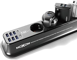 مشترك كهرباء موكسوم MX-ST05 12 في 1 PD مع 4 مقابس، 6 USB، 2 تايب سي PD ومفتاح تحكم 2500 وات - أسود