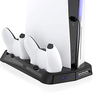 قاعدة رأسية مع محطة تبريد لجهاز Playstation 5، محطة شحن لأذرع تحكم PS5، مروحة تبريد مع قاعدة شحن، 3 منافذ USB إضافية