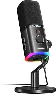 ميكروفون من ماونو موديل PD100X باللون الأسود مع اتصال USB، يتميز بخاصية تقليل الضوضاء وزر كتم الصوت وإضاءة RGB واتصال مزدوج، متوافق مع الكمبيوتر وواجهات الصوت والميكسر