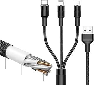 كابل شحن متعدد 3 في 1، كابل USB مجدول من النايلون، شحن سريع متوافق مع معظم الهواتف الذكية والتابلت (أسود)