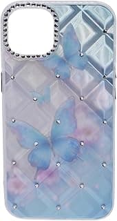C.F.S TPU Butterflies Printed Back Cover Case with Rhinestone Camera Border For iPhone 13 - Light Blue Transparent