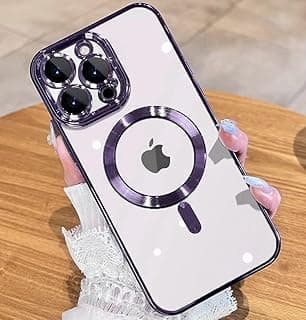 جراب مغناطيسي لامع شفاف رفيع فاخر ومضاد للصدمات [حماية كاملة للكاميرا] [متوافق مع MagSafe] لهاتف ابل ايفون 14 برو ماكس (أرجواني)