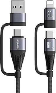 كابل متعدد الوظائف لنقل البيانات والشحن السريع 4 في 1 سلسلة SA37-2T2 بمنفذ USB نوع A ونوع C إلى لايتنينج ونوع C، قدرة 60 وات وطول 1.2 م، أسود من جوي رووم