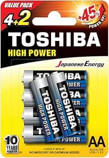 Toshiba High Power Alkaline AA Batteries, 1.5V Long-Lasting Reliable Energy, 6 Pack Blister