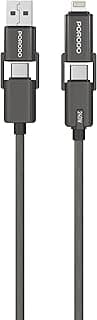 بورودو كيبل شحن مضفر عالي السرعة 4 في 1، سلك بطول 1 متر، واجهة USB-C/لايتنينج / USB-A 240 واط USB-C الى USB-C، شحن سريع ونقل بيانات، توافق عالمي، كابل مضفر - اسود