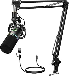 ميكروفون ديناميكي XLR/USB لألعاب الكمبيوتر، ميكروفون بودكاست بإضاءة ار جي بي لليوتيوب مع برنامج، كتم الصوت، مقبض بتحكم في مستوى الصوت ذراع لألعاب اليوتيوب الغناء التسجيل البث من ماونو، أسود، 0PD200XS
