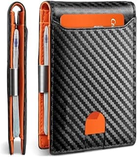 Men’s Slim Wallet – RFID Blocking Leather & Carbon Fiber Card Holder with Money Clip, Stylish Minimalist Wallet for Everyday Carry & Gift (Orange)