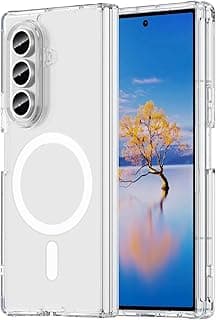 جراب GGM ACCESSORY لهاتف سامسونج Galaxy Z Fold 7 معزز بمغناطيس للشحن اللاسلكي ومسند، متوافق مع Magsafe، ظهر شفاف وجوانب سيليكون