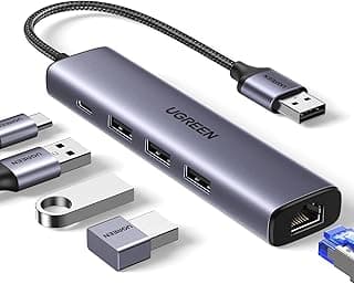 يوجرين محول ايثرنت جيجابت مع 3 منافذ USB شبكة 1000 ميجابت لكل ثانية غلاف من الالومنيوم، كيبل مضفر للتوصيل والتشغيل الى ويندوز 11 10 8، ماك او اس متعدد الألوان، usb3.0