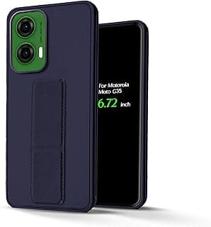 جراب خلفي سيليكون لموبايل موتورولا Moto G35 مع حزام يد جلدي، مسند خلفي للوضع الأفقي والرأسي، حامل مغناطيسي متوافق مع موتورولا Moto G35 (6.72 بوصة) (أزرق داكن)