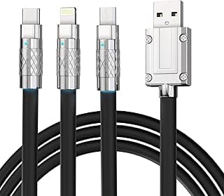 كابل وصلة شحن سريعة متعددة Type-C + Micro + Lightning + USB بقدرة 120 واط، نقل بيانات 480 ميجابت في الثانية، طول 1.5 متر، سلك سيليكون سائل، متوافق مع أجهزة Android - مضئ ليد