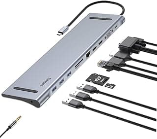 قاعدة توصيل لابتوب USB C، قاعدة Baseus ثلاثية الشاشات Type C مع منفذين HDMI، VGA، منفذ PD 3.0 Type C، قارئ كروت SD TF، 4 منافذ USB متوافقة مع ماك بوك ولابتوب USB C