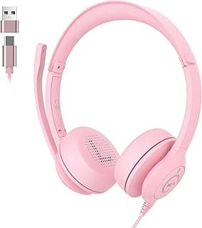 Onkuma X37 Professional Wired Computer Headset, Noise-Cancelling Mic, HD Clear Audio, Adjustable Metal Headband, Comfortable Over-Ear Design, USB & Type-C for Office & Call Center (Pink)