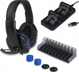طقم اكسسوارات جيمنج 5 في 1 من Dobe لجهاز PS4/PS4 Slim/PS4 Pro، قاعدة شحن مزدوجة، سماعة جيمنج بميكروفون، حامل أقراص ألعاب، أغطية أنالوج، أسود وأزرق
