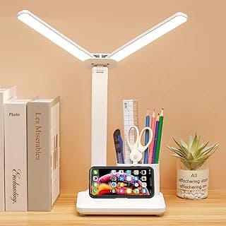 Desk Lamp,LED Lights Office Desk Table for Home Office,Small Desk Lamp with Pen Holder & USB Charging Port,Multifunction Foldable Double-head Eye Caring 3 Modes Dimmable,Touch Rechargeable Study Lamp