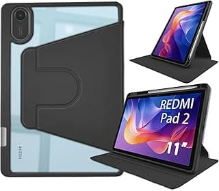 جراب دوار 360 درجة لجهاز شاومي Redmi Pad 2 (11 بوصة، 2025/2026)، غطاء حماية مقاوم للصدمات مع مكان مدمج للقلم، مسند متعدد الزوايا رأسي وأفقي، خاصية النوم/الاستيقاظ التلقائي، ظهر شفاف - أسود