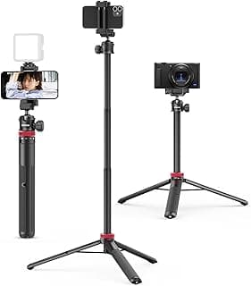 MT-44 Auto Open Phone Tripod, 59" Extendable Selfie Stick Vlog Stand with 2 in 1 Phone Clip, 360° Ball Head Camera Tripod for iPhone Sony DJI Osmo Pocket 4 Nano Camera, Lightweight for Travel
