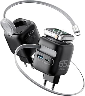 شاحن حائط USB نوع سي 65 وات مع كابل قابل للسحب من هافيت، شاحن سريع 4 في 1 للهواتف الذكية واللاب توب والساعات الذكية، شاحن ساعة لاسلكي مدمج، محول سفر