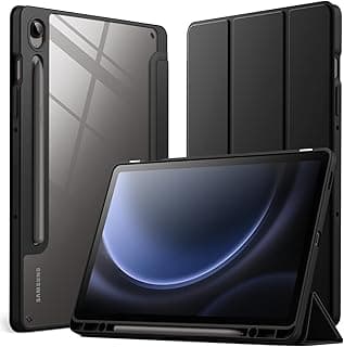 Case for Samsung Galaxy Tab S9 FE 10.9-Inch with S Pen Holder, Clear Transparent Hard PC Back, Protective Tri-Fold Stand Tablet Cover, Auto Wake/Sleep (Black)