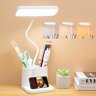 مصباح مكتب LED، 3 أوضاع تحكم في الإضاءة، مع حامل أقلام وحامل هاتف، مرن 360 درجة، تحكم باللمس، مريح للعين، مصباح للمذاكرة والمكتب