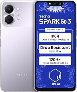 تكنو سبارك جو 3 (اورورا ارجواني، 4GB+64GB | متانة فائقة ومقاومة للسقوط بتصنيف IP64 | اجراء مكالمات بدون شبكة* | ايلا ال بلغتك الخاصة | شاشة فائقة النعومة 120Hz 6.75 انش | بطارية 5000mAh