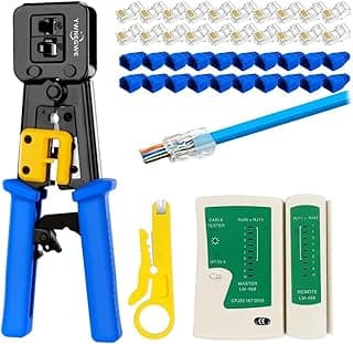 RJ45 Crimp Tool Kit Pass Through Cat6/Cat5e – Universal Socket Net Snap Kit with 20 RJ45 Tips + 20 Covers + Cable Tester + Cutting Tool – by RouTech