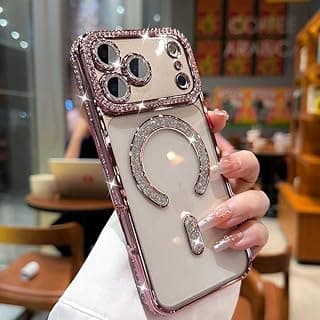 جراب فاخر Fekra لهاتف iPhone 17 Pro max متوافق مع Mag-Safe، مغناطيسي للنساء، مع حواف مرصعة بالألماس، جراب شفاف (روز جولد، iphone 17 pro max)