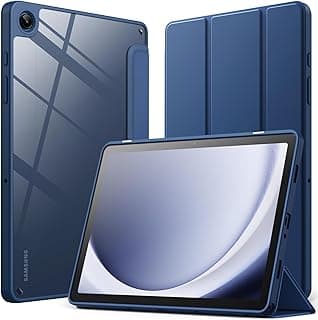 جراب لتابلت سامسونج Galaxy Tab A9+ / A9 Plus مقاس 11 بوصة 2023، ظهر شفاف صلب، مسند ثلاثي الطي، غطاء تابلت نحيف، خاصية النوم/الاستيقاظ التلقائي (كحلي)