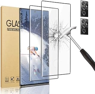 (عبوة 2+2) اسكرينة حماية شاشة لهاتف سامسونج Galaxy S22 Ultra 5G، مع فيلم حماية لعدسة الكاميرا، تدعم البصمة، زجاج مقوى 9H، تغطية كاملة 3D، سهلة التركيب (6.8 بوصة)