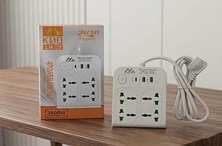 Universal Power Strip Extension Cord 4 Power Sockets 2 USB Slots 1 TYPE-C Slot 2M 4 Way Power Strip with USB C PD Charging Slot Extension Lead - White 2M