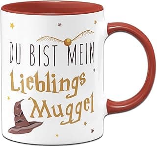 مج تاسنبرينيري مع نص مطبوع "Du bist mein Lieblings Muggel" [اللغة الالمانية] كوب قهوة مضحك كهدية للاصدقاء او الصديقة - فانتازي (احمر)، زجاج