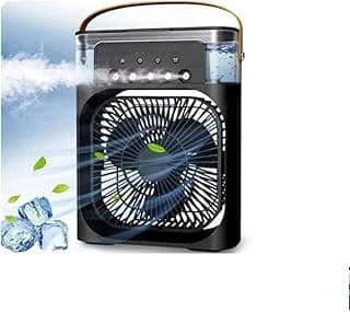 USB Powered Portable Mist Air Fan Humidifier, With Water Spray, Led Lights,3 Speeds & Timer (black) مرطب هواء محمول يعمل بمنفذ USB، مزود برذاذ ماء، وأضواء LED، و3 سرعات ومؤقت (أسود)