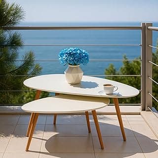 Modern 2-Piece White Nesting Coffee Table Set – Stylish Teardrop-Shaped Minimalist Tables with Natural Wood Legs – Space-Saving Living Room Accent Furniture