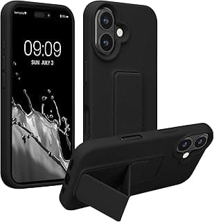 kwmobile Case Compatible with Apple iPhone 16 - Case with Hand Strap and Stand Soft TPU Silicone Coating - Black
