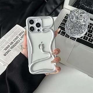 جراب موبايل بتصميم ثعبان لـ iPhone 16 Pro Max، جراب سيليكون ناعم فاخر بتصميم ثلاثي الأبعاد (فضي فاتح)