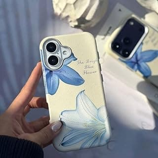 Fekra Luxury Blue Flower Case for iPhone 16 with Camera Lens Protector Included, Slim Silicone Cover with Microfiber Lining, Anti-Fingerprint, Shockproof Phone Case (Masa lilium, iPhone 16)