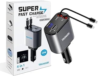 شاحن سيارة USB-C قابل للسحب بقوة 120 وات – محول شحن سريع 4 في 1 مع منفذي Type-C PD، شاشة LED رقمية، وتوافق مع 12V/24V