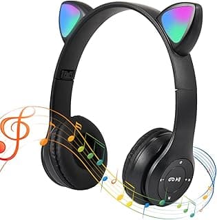 Bluetooth Wireless Headphones Kids, Cat Ear LED Light Headphones with Microphone, Over Ear Headphones Stereo Children Headset TF Card/Wired Foldable Earphones Girls Boys Gift Age 7+ Black