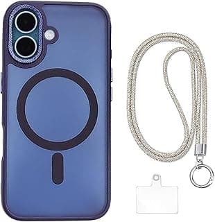 Magnetic Case Compatible for iPhone 16, Matt Translucent Mobile Phone Case,Scratch-Resistant, Blue+Rhinestone Crossbody Lanyard,Sparkly Diamond Strap,Hands-Free Stylish Phone Holder, Silver